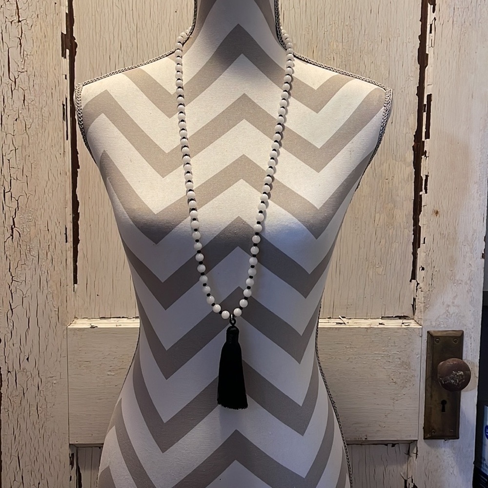 Snow Quartz and Onyx Long Necklace